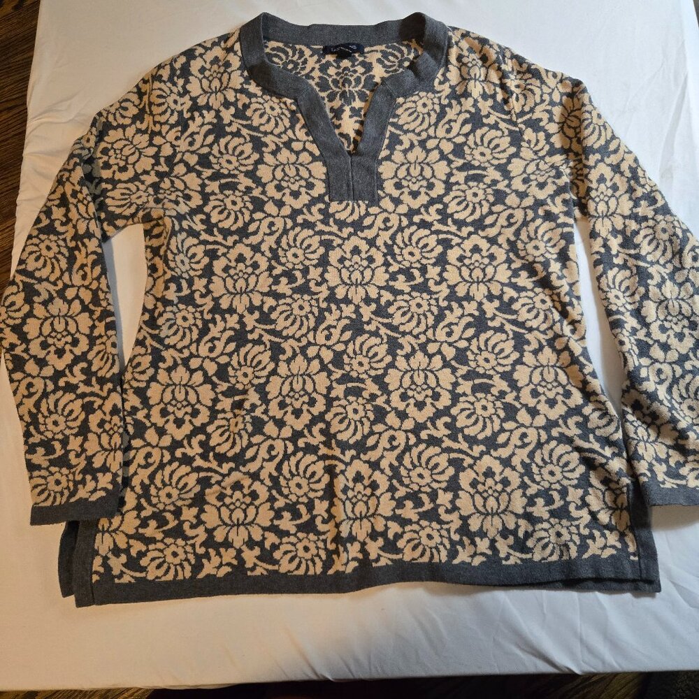 Lands' End Floral Print Grey Cotton Sweater size L